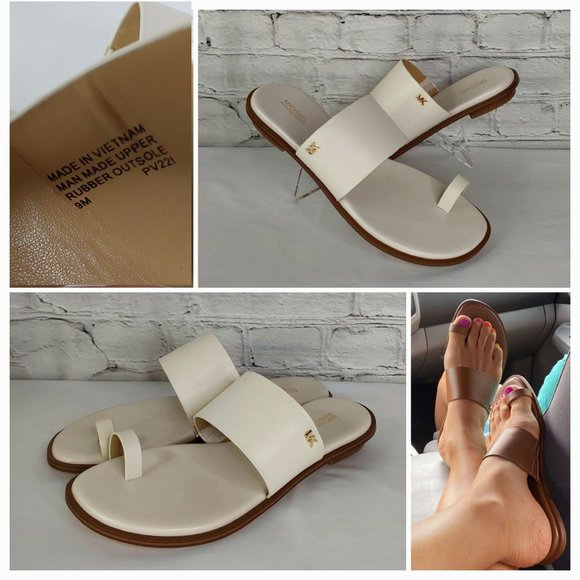 MICHAEL KORS 'AUGUST' LEATHER TOE-RING SLIP-ON SLIDE SANDALS IVORY TUSK 9 - Picture 12 of 16